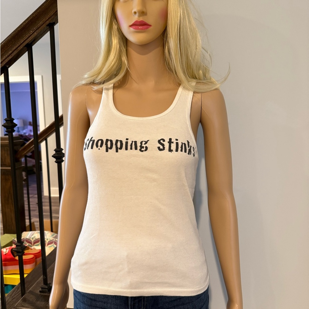 Joie White fitted graphic tank “shopping stinks”